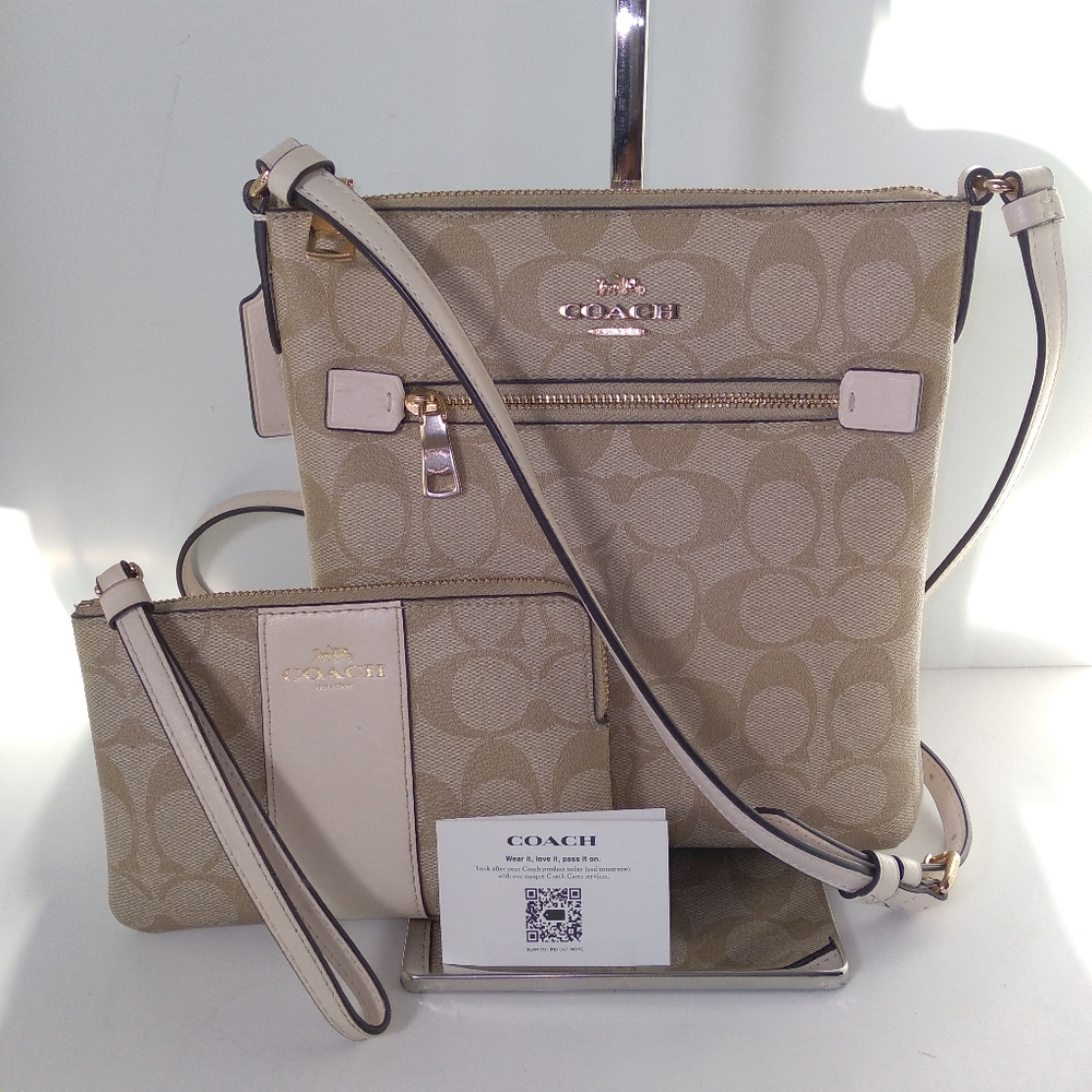 Coach Signature Leather Canvas Light Khaki Mini Rowan File Crossbody Bag Set